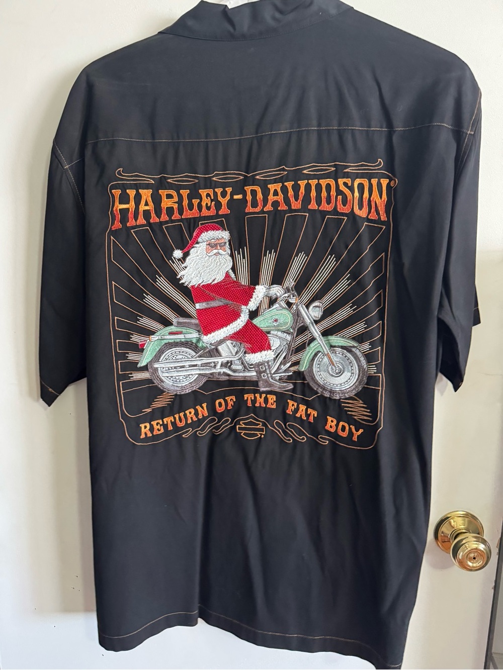 Harley-Davidson Black Silk Shirt with Red Santa and Green Motorcycle Embroidery